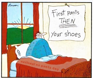 a famous Gary larson cartoon about putting on your pants in the morning for national No Pants Day