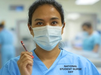 A female nursing student wearing a mask and holding a red crayon for the national day of celebration of nursing students