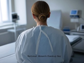 the back of a female patient in a doctor's office