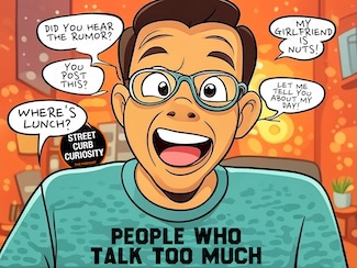 a fun cartoon of a young guy who talks too much, for a podcast episode on the topic from street curb curiosity!