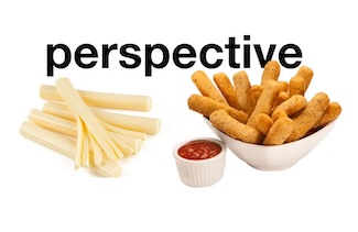 a pile of string cheese and a bowl of mozzarella sticks for a thought about perspective 