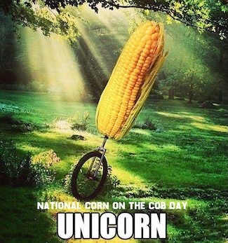 a fun corn pun of an ear of corn on a unicycle for national corn on the cob day in June