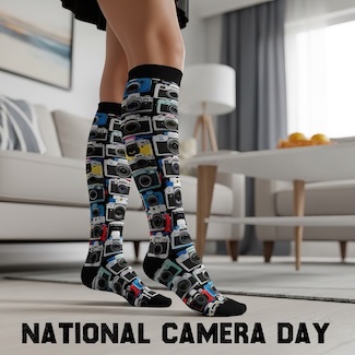 A woman wearing a pair of fashionable knee socks that have a pattern of several cameras on them, for national camera day