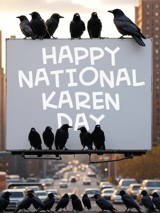 a group of crows, known as a murder, sitting on or around an outdoor sign in a city for national Karen Day in June