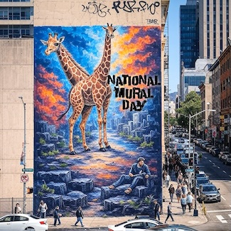 a large colorful mural of two giraffes in a large city like Philadelphia; taking a large portion of a wall of a tall building