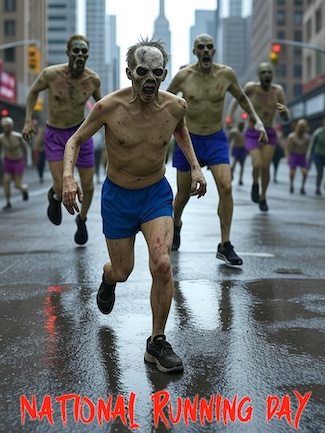 a bunch of zombies in athletic shorts running inn a city, for national running day
