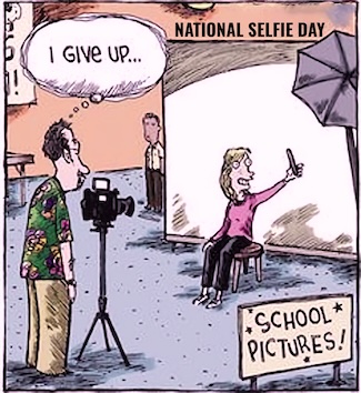 a fun school cartoon about a student taking a selfie during a photo shoot for class picture, for national selfie day