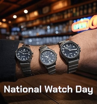 an AI (GROK) generated image of a guy at a bar wearing 3 watches for national watch day