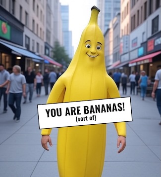 a fun guy smiling and in a banana suit on a busy city street