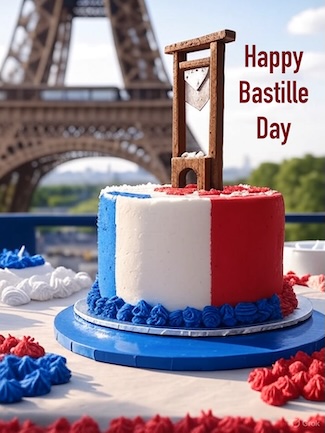 A birthday cake in the color of the French flag, with a guillotine on top, all in front of the Eiffel Tower in Paris 