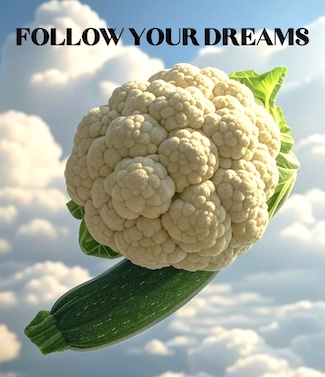 a head of cauliflower and one zucchini flying in a sky with lots of clouds as a motivational thought