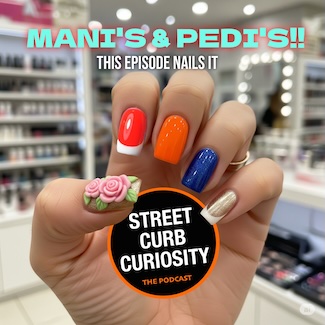 a female hand with fresh nails clenching the logo of the podcast episode that will share trends and favorites of the people getting manicures and pedicures.