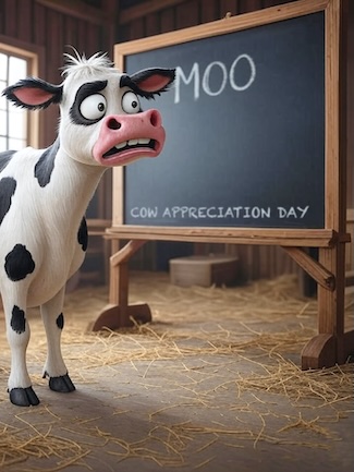 a funny cartoon of a scared looking cow in a barn with a blackboard with the word MOO.