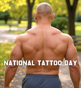 A muscular guy with no shirt, looking away, with a tattoo of a rabbit on his head