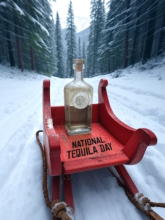 a full bottle of tequila on a red wooden sled in a snowy winter forest for national tequila day in July.