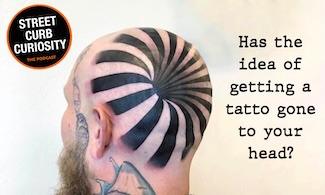 a very unique optical illusion tattoo on a guy's head, for a podcast episode about getting a tattoo
