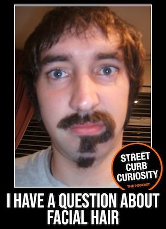 a young man with a beard in the shape of a question mark, for a podcast episode about facial hair