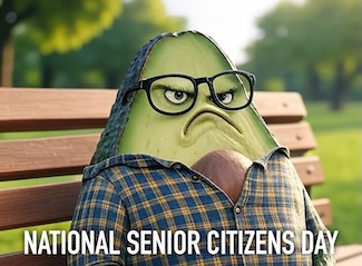 a grumpy looking avocado wearing a shirt, sitting on a park bench for national senior citizens day in August