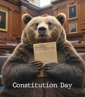 A bear holding the US constitution in the halls of congress