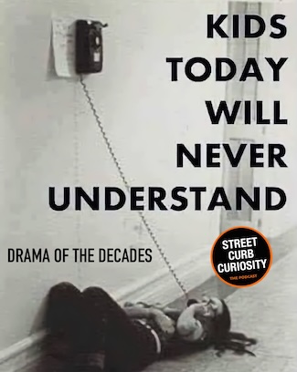 a young ten laying on the floor talking on a wired phone, as a memory flashback to the good old days for a boomer...for a podcast episode from street curb curiosity