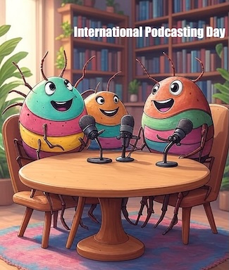three ticks sitting around a table with microphones, doing a podcast for international podcasting day