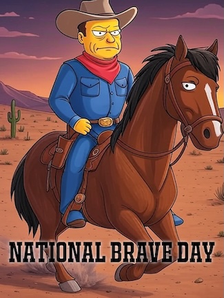John Wayne inn a "Simpsons" style cartoon, riding a horse, for National Brave Day