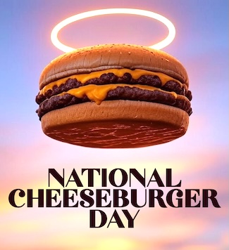 a double cheeseburger with a halo for national cheeseburger day
