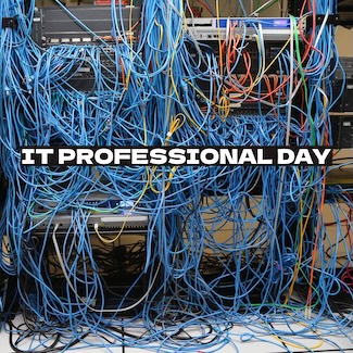 a very messy computer network rack room for a special day honoring IT professionals
