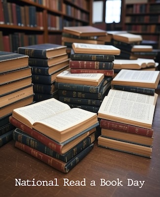 a few piles of books in a library for national read a book day