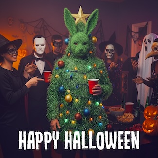 a weird take on a halloween costume that is a cross between a christmas tree and a rabbit for a fun dad joke