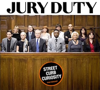 a bunch of people on a jury, and no one is smiling. A day in the life of jury duty, for a podcast topic.
