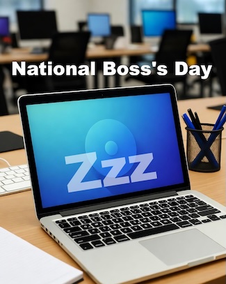 a laptop that has gone to sleep in an office setting for national Boss's day in October
