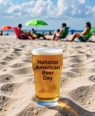 a cold draft beer on the sand at the beach for national American beer day in October 