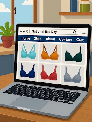 a cartoon laptop on a kitchen table with a bra shopping page on the screen