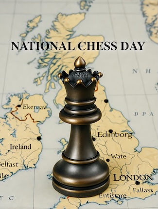 a bronze queen chess piece sitting on a map of the UK, for national Chess Day in October