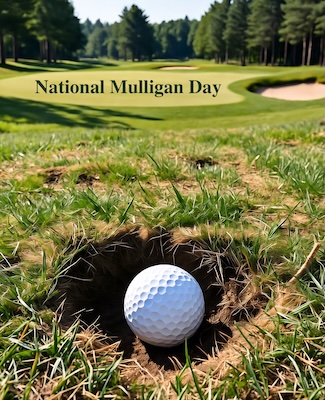 a golf ball sitting in a big divot in the rough on a golf course for national mulligan day in october