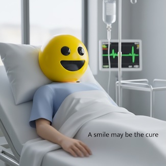 A smiley face person laying in a hospital bed, needing a smile