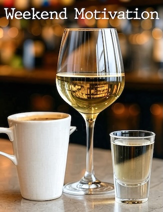 a cup of coffee, a glass of white wine, and a hot of tequila for a thought about weekend motivation 