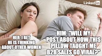 a famous funny meme of a man and woman in bed with her guessing his thoughts, this time about social media posting