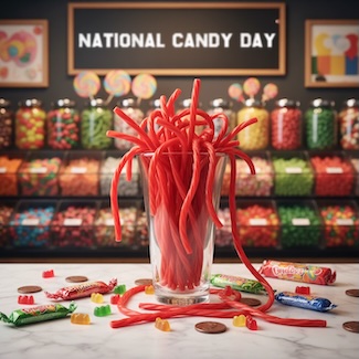 a big glass of red licorice in a candy store for national candy day in November