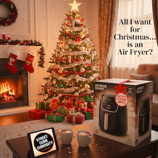 a festive living room with a Christmas Tree and gifts...including a big box with an air fryer, as a podcast episode from street curb curiosity