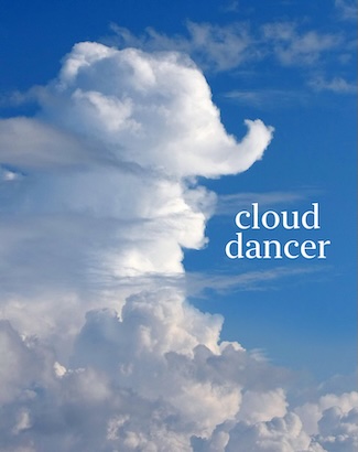 large puffy clouds in a blue sky, one of the clouds looks like an elephant to highlight "cloud dancer", the Pantone Color of the year 2025