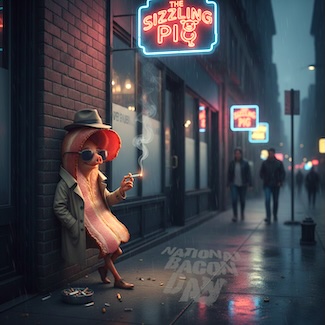 a fun AI generated image of a slice of bacon smoking a cigarette for national bacon day in december