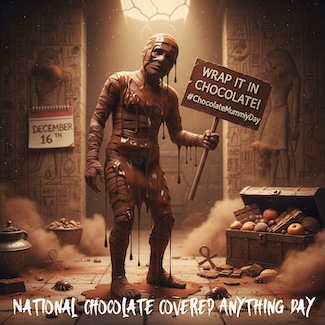 a fun AI image of a chocolate covered mummy in an Egyptian tomb for a fun dad joke about chocolate covered anything day in December 