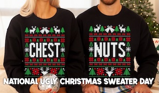 two people wearing an ugly christmas sweater almost matching set