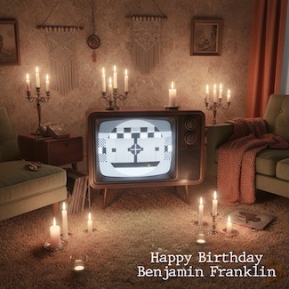 a candle light lit old style living room with an old TV with a test pattern on the screen