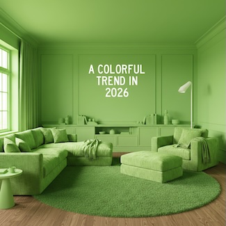 A living room decorated as a color drenched room, the new decorating trend in 2026. This time in green.