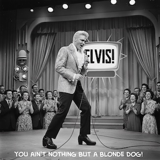 An AI interpretation of what a blonde Elvis Presley would look like singing on a TV stage