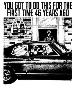 A portion of an old black and white print ad for McDonalds drive thru to highlight the opening of the first one this week in 1975.