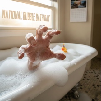 a wrinkled hand coming out of a foamy tub for national bubble bath day in January